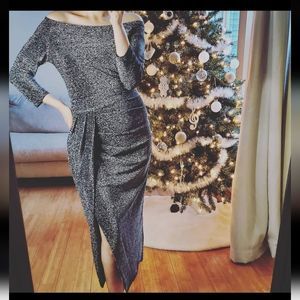 Holiday party cocktail faux wrap dress gray shimmer half sleeve off the …